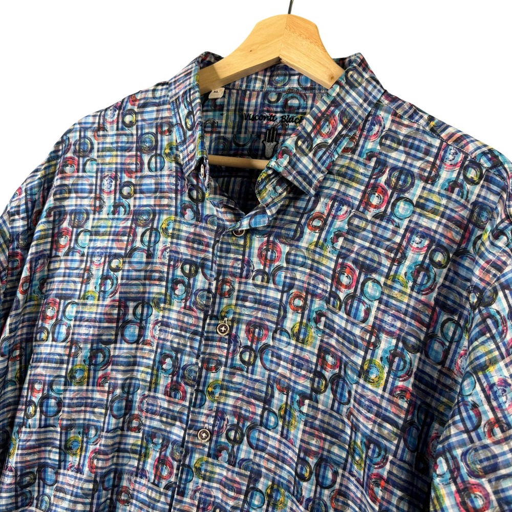 Luchiano Visconti Black Mens XL Blue Abstract Geometric Plaid Button Down Shirt